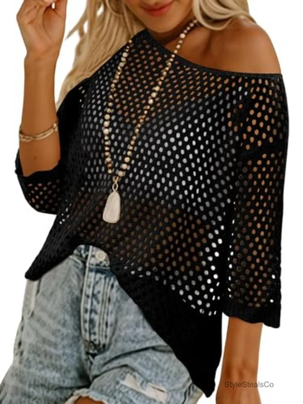 Crochet Hollow Out Sheer Beach Swim Cover Up Half Sleeve Pullover